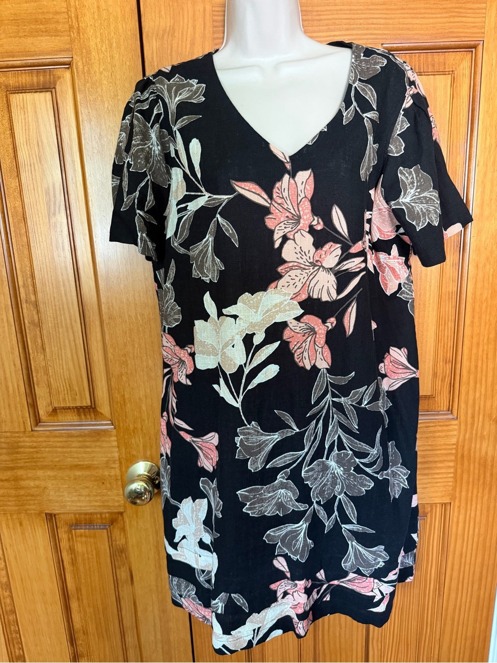 Floral V-Neck Black Dress with Pink & Cream Blooms